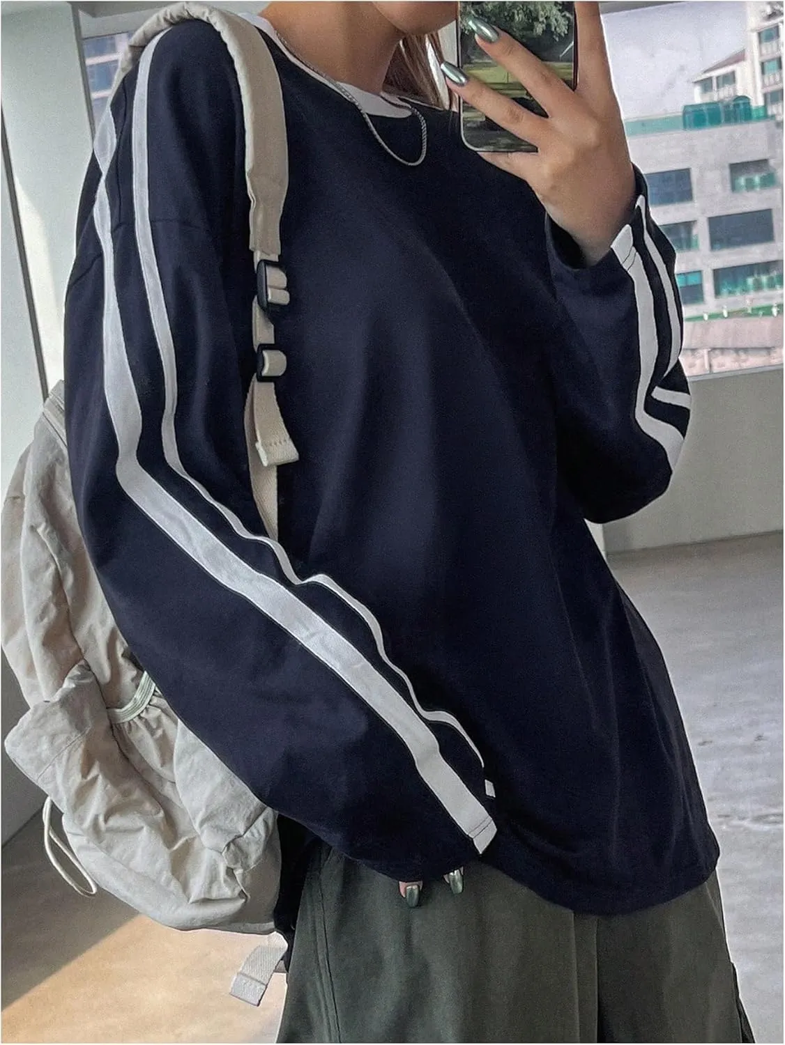 Women's Oversized Tshirts Striped Long Sleeve Drop Shoulder Tee Shirts Crew Neck Pullover Tops