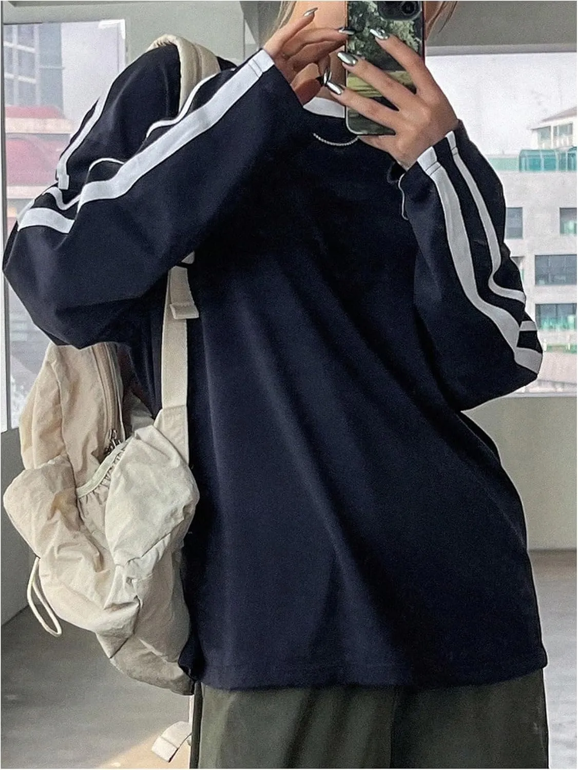Women's Oversized Tshirts Striped Long Sleeve Drop Shoulder Tee Shirts Crew Neck Pullover Tops