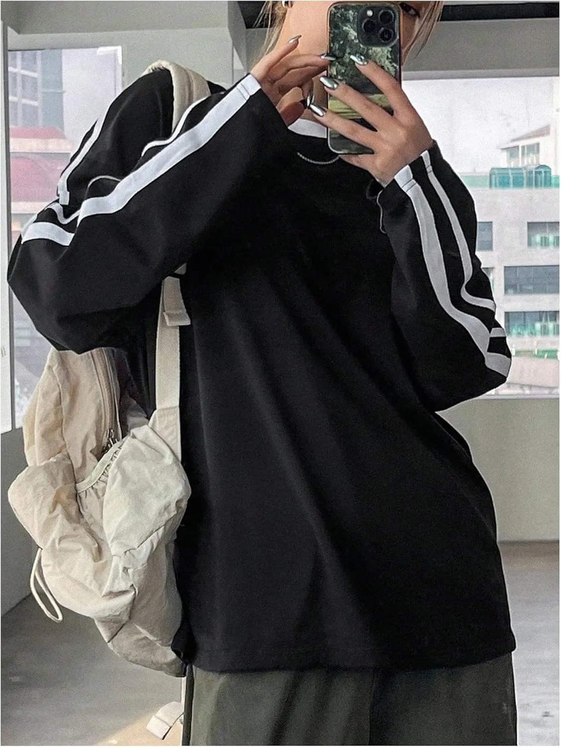 Women's Oversized Tshirts Striped Long Sleeve Drop Shoulder Tee Shirts Crew Neck Pullover Tops
