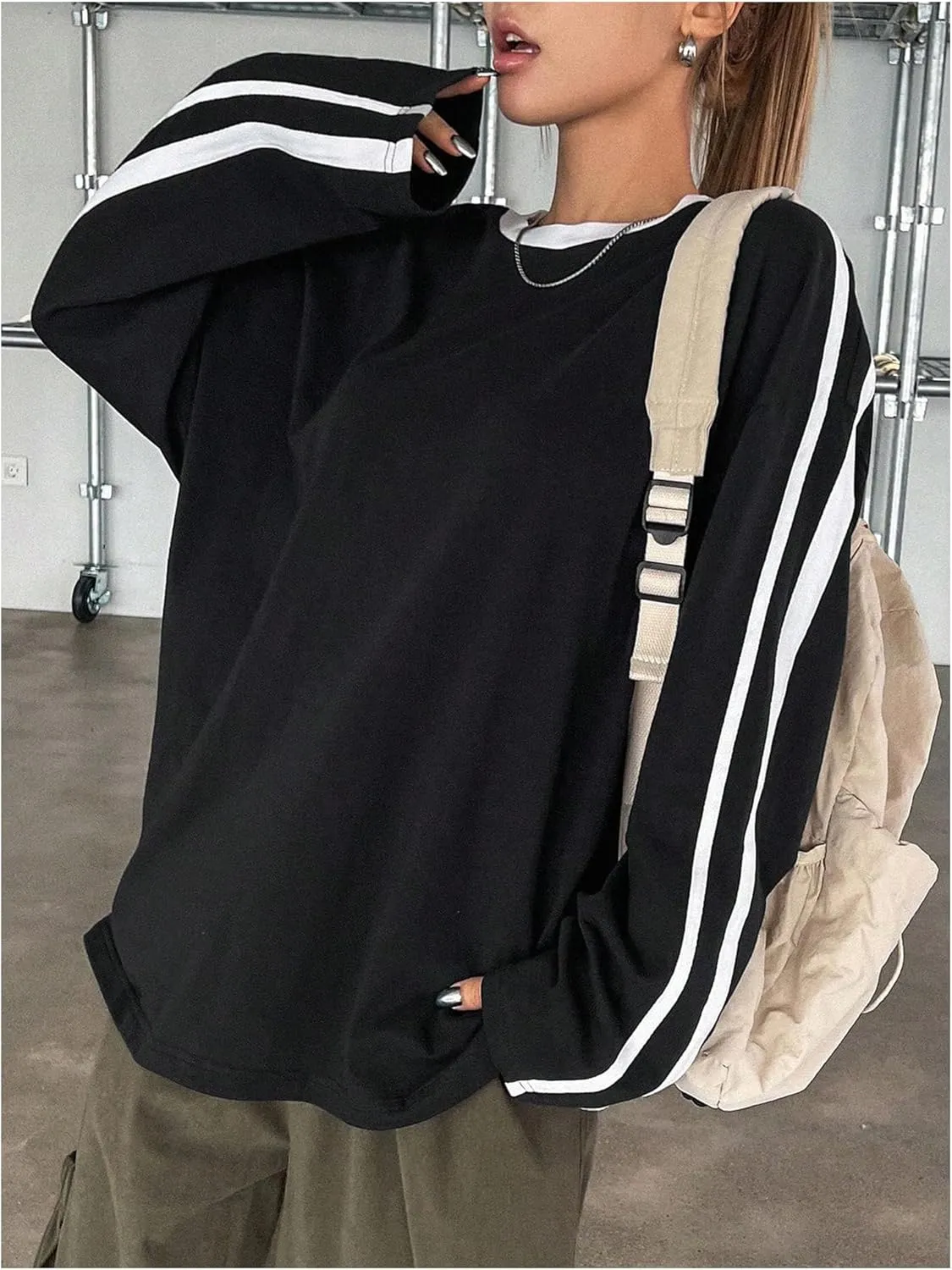 Women's Oversized Tshirts Striped Long Sleeve Drop Shoulder Tee Shirts Crew Neck Pullover Tops