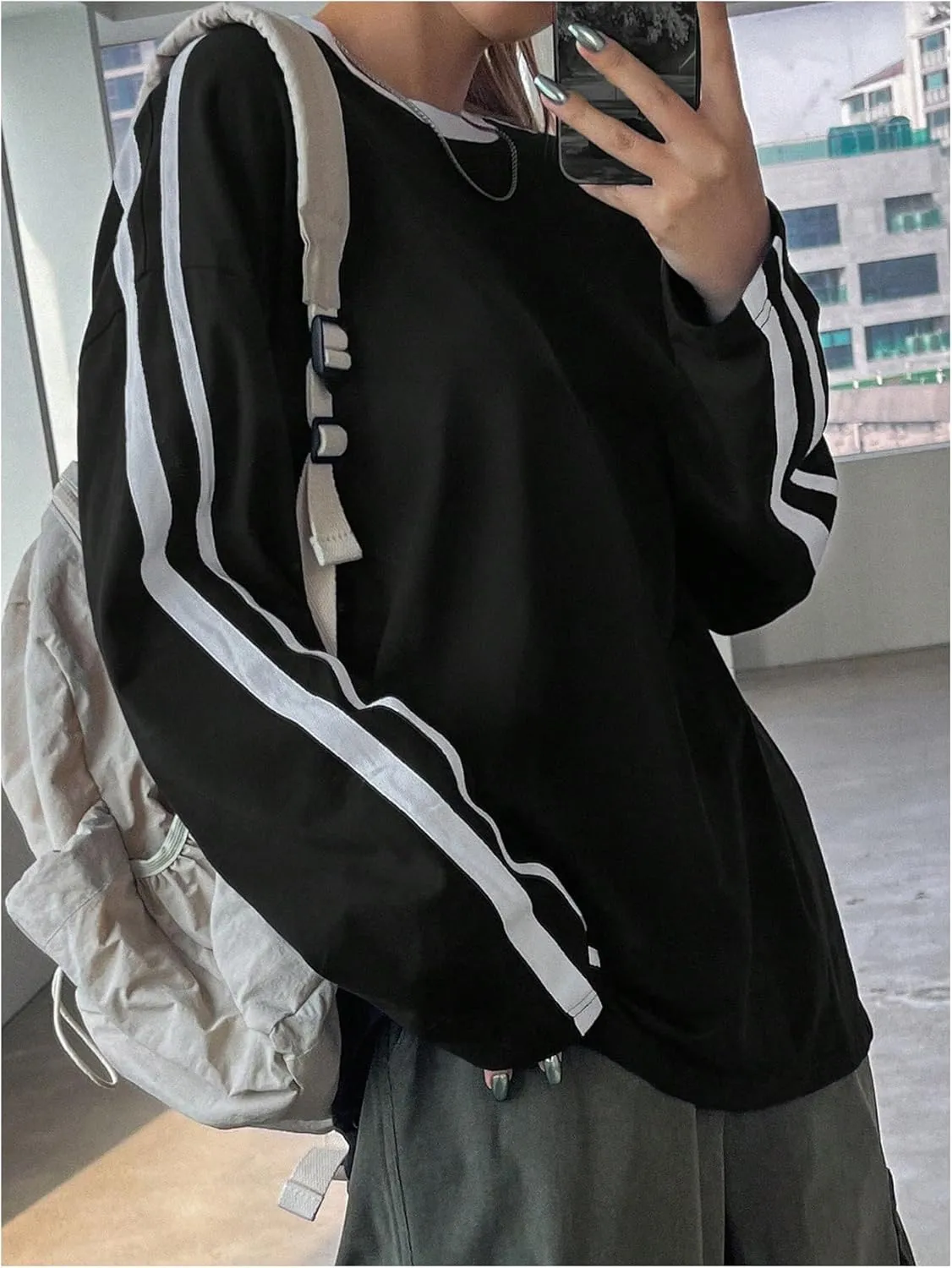 Women's Oversized Tshirts Striped Long Sleeve Drop Shoulder Tee Shirts Crew Neck Pullover Tops