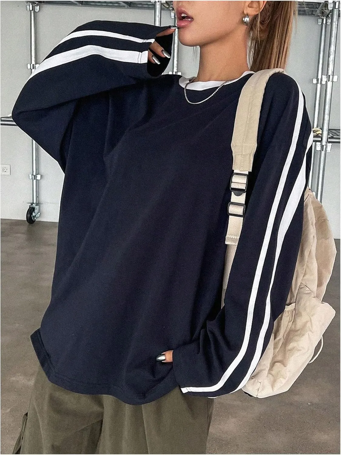 Women's Oversized Tshirts Striped Long Sleeve Drop Shoulder Tee Shirts Crew Neck Pullover Tops