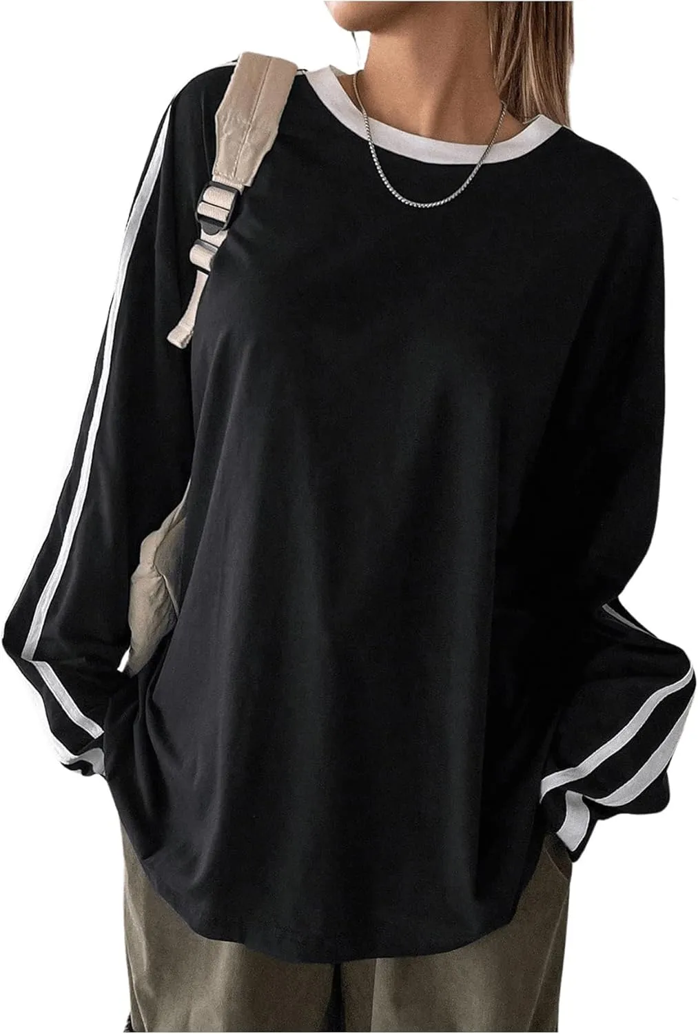 Women's Oversized Tshirts Striped Long Sleeve Drop Shoulder Tee Shirts Crew Neck Pullover Tops
