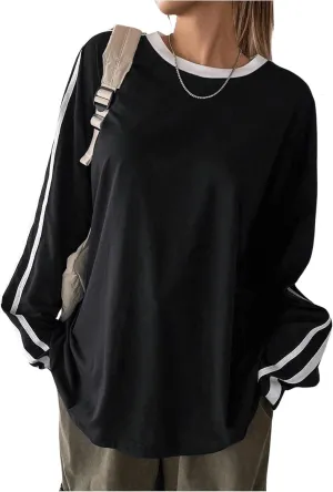 Women's Oversized Tshirts Striped Long Sleeve Drop Shoulder Tee Shirts Crew Neck Pullover Tops