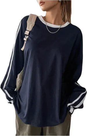 Women's Oversized Tshirts Striped Long Sleeve Drop Shoulder Tee Shirts Crew Neck Pullover Tops