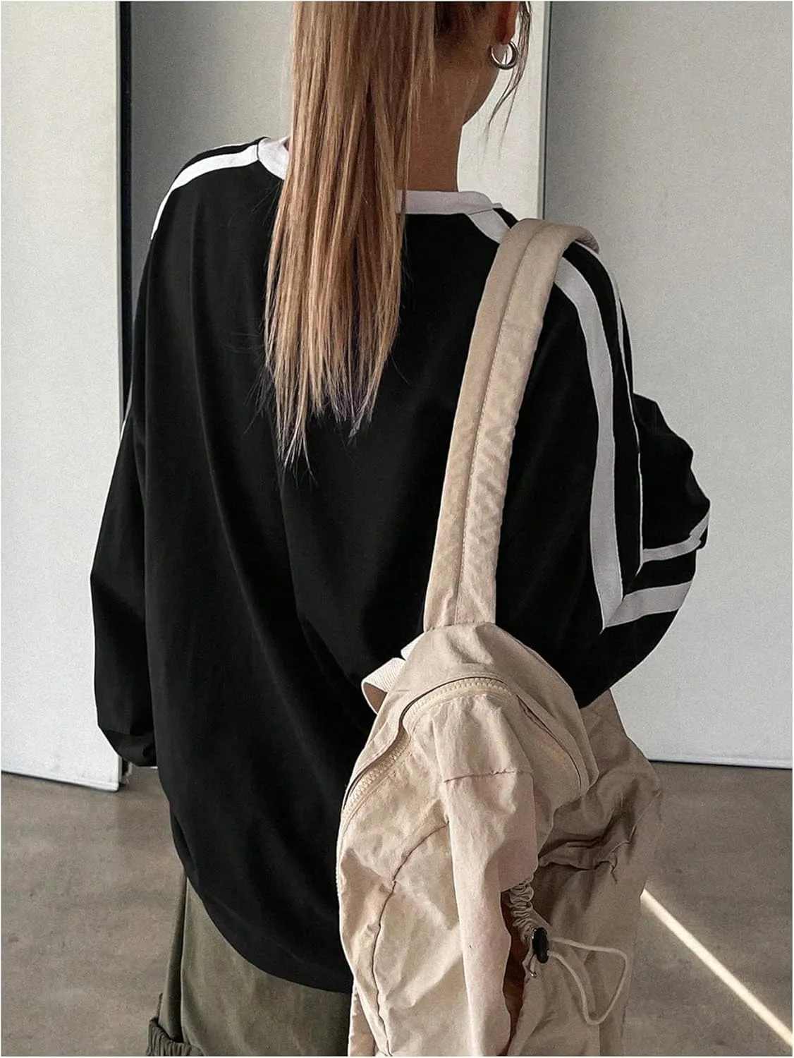 Women's Oversized Tshirts Striped Long Sleeve Drop Shoulder Tee Shirts Crew Neck Pullover Tops