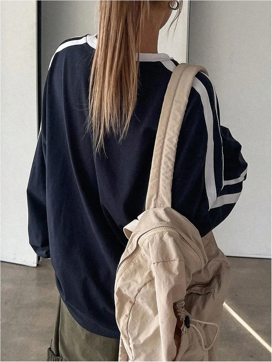 Women's Oversized Tshirts Striped Long Sleeve Drop Shoulder Tee Shirts Crew Neck Pullover Tops