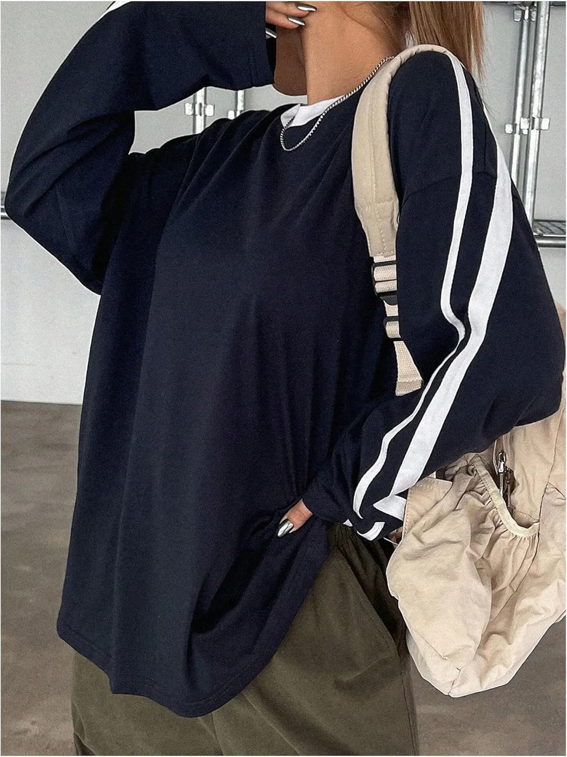 Women's Oversized Tshirts Striped Long Sleeve Drop Shoulder Tee Shirts Crew Neck Pullover Tops